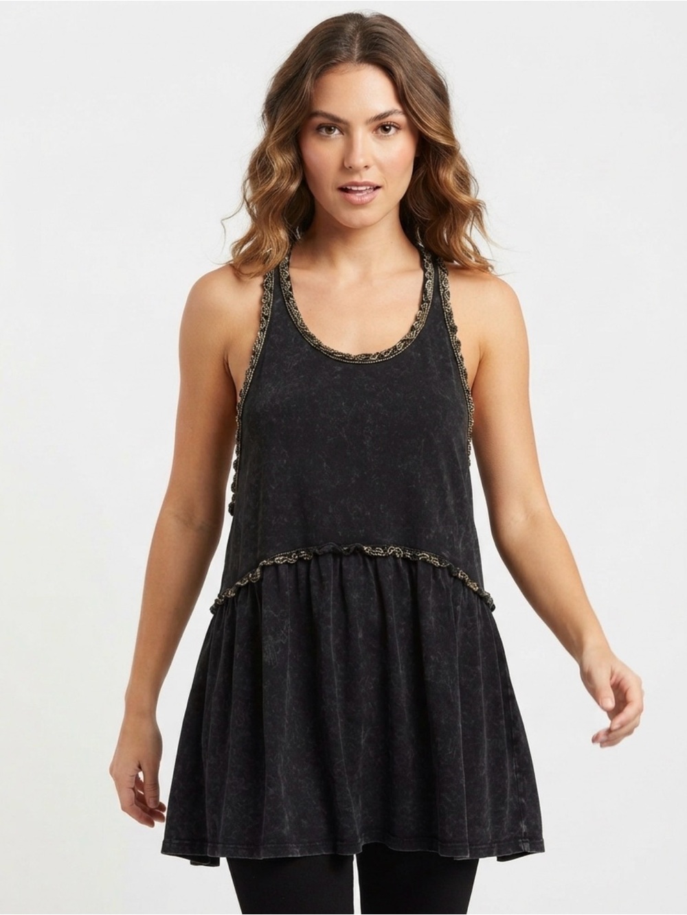 POL Tank Top Size S Black Mineral Washed Lace Trim Babydoll
